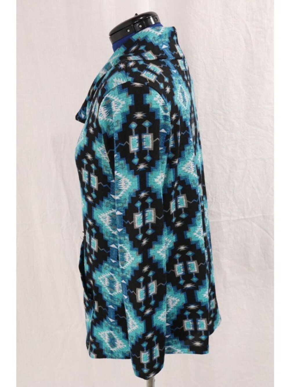Aztec Southwestern Top Womens 1X Teal Black Cowl Neck Hoodie Kangaroo Pocket VTG - Picture 10 of 12